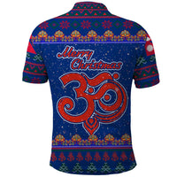 Nepal Christmas Polo Shirt with Blue-Red Pattern, Hindu Chariot Scene, and Om Symbol Motif - Wonder Print Shop