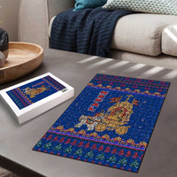 Nepal Christmas Puzzle with Blue-Red Pattern, Hindu Chariot Scene, and Om Symbol Motif - Wonder Print Shop