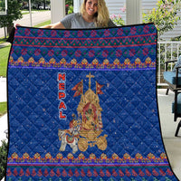Nepal Christmas Quilt with Blue-Red Pattern, Hindu Chariot Scene, and Om Symbol Motif - Wonder Print Shop