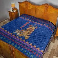Nepal Christmas Quilt with Blue-Red Pattern, Hindu Chariot Scene, and Om Symbol Motif - Wonder Print Shop