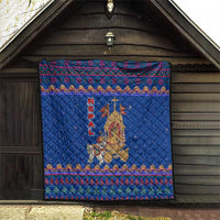 Nepal Christmas Quilt with Blue-Red Pattern, Hindu Chariot Scene, and Om Symbol Motif - Wonder Print Shop