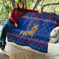 Nepal Christmas Quilt with Blue-Red Pattern, Hindu Chariot Scene, and Om Symbol Motif - Wonder Print Shop