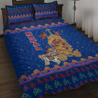 Nepal Christmas Quilt Bed Set with Blue-Red Pattern, Hindu Chariot Scene, and Om Symbol Motif - Wonder Print Shop