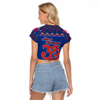 Nepal Christmas Raglan Cropped T Shirt with Blue-Red Pattern, Hindu Chariot Scene, and Om Symbol Motif - Wonder Print Shop
