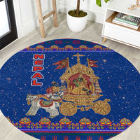 Nepal Christmas Round Carpet with Blue-Red Pattern, Hindu Chariot Scene, and Om Symbol Motif - Wonder Print Shop