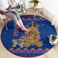 Nepal Christmas Round Carpet with Blue-Red Pattern, Hindu Chariot Scene, and Om Symbol Motif - Wonder Print Shop