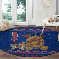 Nepal Christmas Round Carpet with Blue-Red Pattern, Hindu Chariot Scene, and Om Symbol Motif - Wonder Print Shop