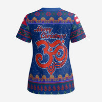 Nepal Christmas Scrub Top with Blue-Red Pattern, Hindu Chariot Scene, and Om Symbol Motif - Wonder Print Shop