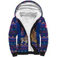 Nepal Christmas Sherpa Hoodie with Blue-Red Pattern, Hindu Chariot Scene, and Om Symbol Motif - Wonder Print Shop