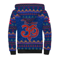 Nepal Christmas Sherpa Hoodie with Blue-Red Pattern, Hindu Chariot Scene, and Om Symbol Motif - Wonder Print Shop