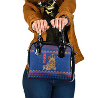 Nepal Christmas Shoulder Handbag with Blue-Red Pattern, Hindu Chariot Scene, and Om Symbol Motif - Wonder Print Shop