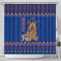 Nepal Christmas Shower Curtain with Blue-Red Pattern, Hindu Chariot Scene, and Om Symbol Motif - Wonder Print Shop