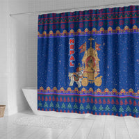 Nepal Christmas Shower Curtain with Blue-Red Pattern, Hindu Chariot Scene, and Om Symbol Motif - Wonder Print Shop