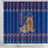 Nepal Christmas Shower Curtain with Blue-Red Pattern, Hindu Chariot Scene, and Om Symbol Motif - Wonder Print Shop