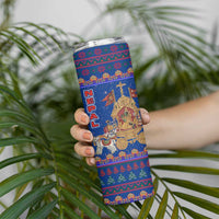 Nepal Christmas Skinny Tumbler with Blue-Red Pattern, Hindu Chariot Scene, and Om Symbol Motif - Wonder Print Shop