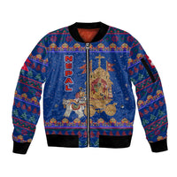 Nepal Christmas Sleeve Zip Bomber Jacket with Blue-Red Pattern, Hindu Chariot Scene, and Om Symbol Motif - Wonder Print Shop