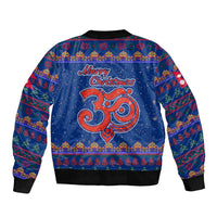 Nepal Christmas Sleeve Zip Bomber Jacket with Blue-Red Pattern, Hindu Chariot Scene, and Om Symbol Motif - Wonder Print Shop