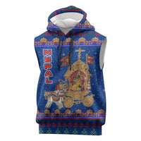 Nepal Christmas Sleeveless Hoodie with Blue-Red Pattern, Hindu Chariot Scene, and Om Symbol Motif - Wonder Print Shop