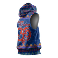 Nepal Christmas Sleeveless Hoodie with Blue-Red Pattern, Hindu Chariot Scene, and Om Symbol Motif - Wonder Print Shop