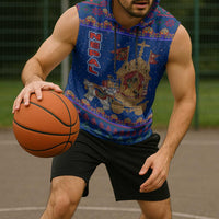 Nepal Christmas Sleeveless Hoodie with Blue-Red Pattern, Hindu Chariot Scene, and Om Symbol Motif - Wonder Print Shop