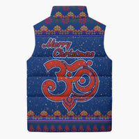 Nepal Christmas Sleeveless Puffer Jacket with Blue-Red Pattern, Hindu Chariot Scene, and Om Symbol Motif - Wonder Print Shop