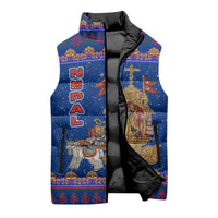 Nepal Christmas Sleeveless Puffer Jacket with Blue-Red Pattern, Hindu Chariot Scene, and Om Symbol Motif - Wonder Print Shop