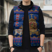 Nepal Christmas Sleeveless Puffer Jacket with Blue-Red Pattern, Hindu Chariot Scene, and Om Symbol Motif - Wonder Print Shop