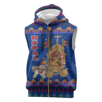 Nepal Christmas Sleeveless Zip Hoodie with Blue-Red Pattern, Hindu Chariot Scene, and Om Symbol Motif - Wonder Print Shop