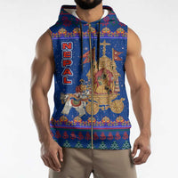Nepal Christmas Sleeveless Zip Hoodie with Blue-Red Pattern, Hindu Chariot Scene, and Om Symbol Motif - Wonder Print Shop