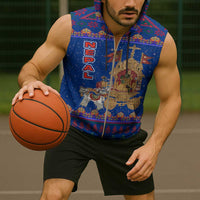 Nepal Christmas Sleeveless Zip Hoodie with Blue-Red Pattern, Hindu Chariot Scene, and Om Symbol Motif - Wonder Print Shop