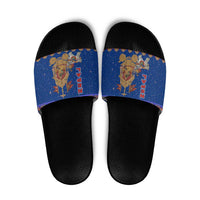 Nepal Christmas Slide Sandals with Blue-Red Pattern, Hindu Chariot Scene, and Om Symbol Motif - Wonder Print Shop