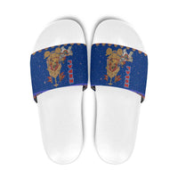 Nepal Christmas Slide Sandals with Blue-Red Pattern, Hindu Chariot Scene, and Om Symbol Motif - Wonder Print Shop
