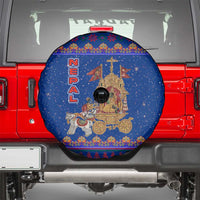 Nepal Christmas Spare Tire Cover with Blue-Red Pattern, Hindu Chariot Scene, and Om Symbol Motif - Wonder Print Shop