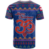 Nepal Christmas T Shirt with Blue-Red Pattern, Hindu Chariot Scene, and Om Symbol Motif - Wonder Print Shop