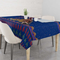 Nepal Christmas Tablecloth with Blue-Red Pattern, Hindu Chariot Scene, and Om Symbol Motif - Wonder Print Shop