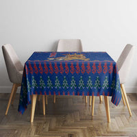 Nepal Christmas Tablecloth with Blue-Red Pattern, Hindu Chariot Scene, and Om Symbol Motif - Wonder Print Shop