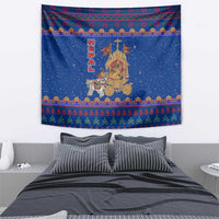 Nepal Christmas Tapestry with Blue-Red Pattern, Hindu Chariot Scene, and Om Symbol Motif - Wonder Print Shop