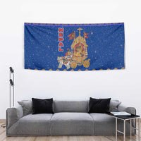 Nepal Christmas Tapestry with Blue-Red Pattern, Hindu Chariot Scene, and Om Symbol Motif - Wonder Print Shop