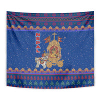 Nepal Christmas Tapestry with Blue-Red Pattern, Hindu Chariot Scene, and Om Symbol Motif - Wonder Print Shop