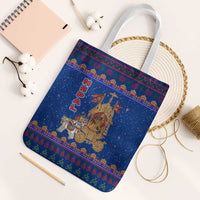 Nepal Christmas Tote Bag with Blue-Red Pattern, Hindu Chariot Scene, and Om Symbol Motif - Wonder Print Shop
