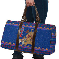 Nepal Christmas Travel Bag with Blue-Red Pattern, Hindu Chariot Scene, and Om Symbol Motif - Wonder Print Shop