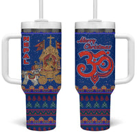 Nepal Christmas Tumbler With Handle with Blue-Red Pattern, Hindu Chariot Scene, and Om Symbol Motif - Wonder Print Shop
