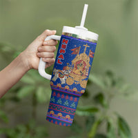Nepal Christmas Tumbler With Handle with Blue-Red Pattern, Hindu Chariot Scene, and Om Symbol Motif - Wonder Print Shop