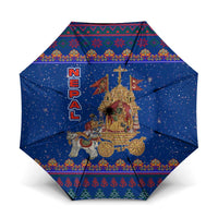 Nepal Christmas Umbrella with Blue-Red Pattern, Hindu Chariot Scene, and Om Symbol Motif - Wonder Print Shop