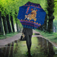 Nepal Christmas Umbrella with Blue-Red Pattern, Hindu Chariot Scene, and Om Symbol Motif - Wonder Print Shop