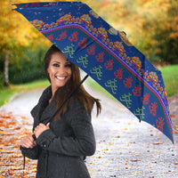 Nepal Christmas Umbrella with Blue-Red Pattern, Hindu Chariot Scene, and Om Symbol Motif - Wonder Print Shop