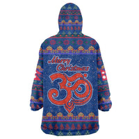 Nepal Christmas Wearable Blanket Hoodie with Blue-Red Pattern, Hindu Chariot Scene, and Om Symbol Motif - Wonder Print Shop
