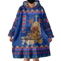Nepal Christmas Wearable Blanket Hoodie with Blue-Red Pattern, Hindu Chariot Scene, and Om Symbol Motif - Wonder Print Shop
