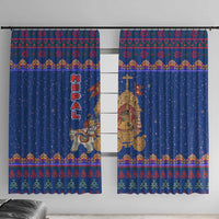 Nepal Christmas Window Curtain with Blue-Red Pattern, Hindu Chariot Scene, and Om Symbol Motif - Wonder Print Shop