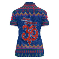 Nepal Christmas Women Polo Shirt with Blue-Red Pattern, Hindu Chariot Scene, and Om Symbol Motif - Wonder Print Shop